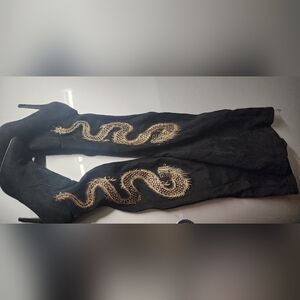 Black Stiletto Boots with Gold Dragon Embroidery